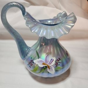 Fenton pearl opalescent pitcher hand painted artist signed & numbered